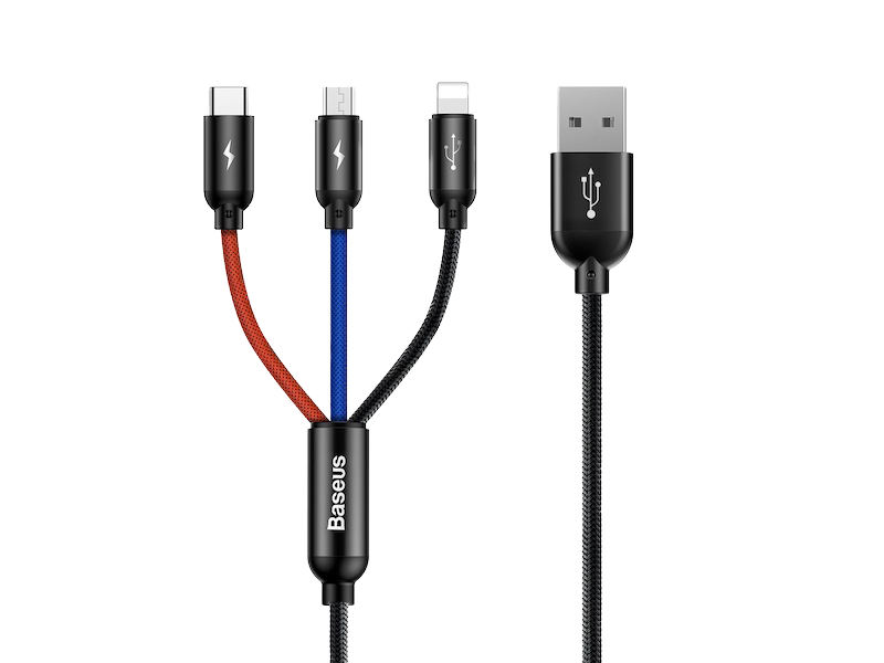 Baseus Three Primary 3 az 1-ben Lightning/Micro-USB/Type-C töltőkábel 1,2 méter 3.5A -fekete
